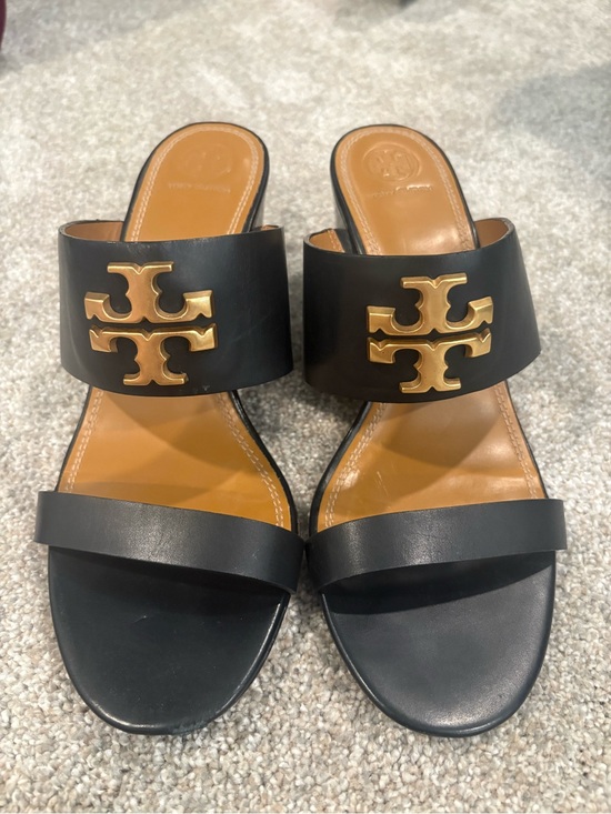 Tory Burch Shoes - Tory Burch Black Leather Slide Sandals with Gold Logo Medallions